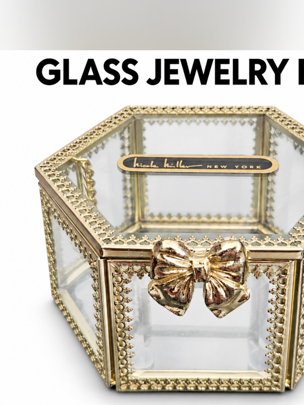 Nicole Miller Gold Glass Jewelry Box with Bow Accent